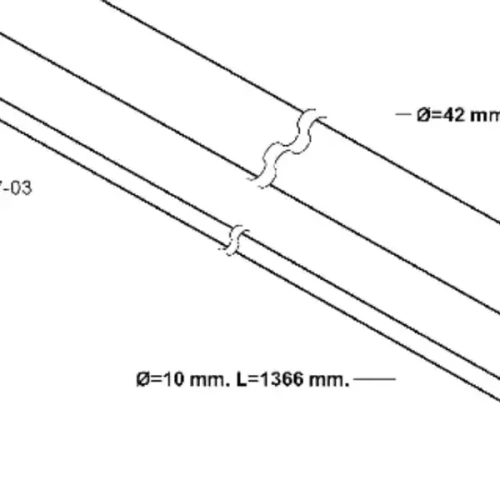 Zespół wału napędowego wykaszarki. Widoczny długi element o średnicy 42 mm oraz mniejszy o średnicy 10 mm, z wyraźnymi detalami łączeń. Ujęcie z boku ukazuje długość 1366 mm. Tło proste, białe.