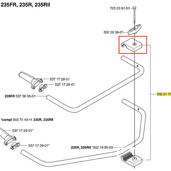 Metalowy, czarny wspornik uchwytu wykaszarki 235 RII Husqvarna, widoczny z boku pod kątem, z prostokątnym otworem w środku i krokwiową konstrukcją.