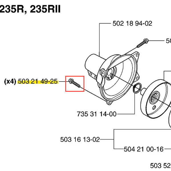 Śruba wykaszarki Husqvarna 235 RII, metalowa, srebrna, z gwintem. Ujęcie pokazuje śrubę w zbliżeniu, na schemacie części, z widocznymi numerami katalogowymi. Produkt przeznaczony do montażu elementów wykaszarki. Tło neutralne, techniczne.