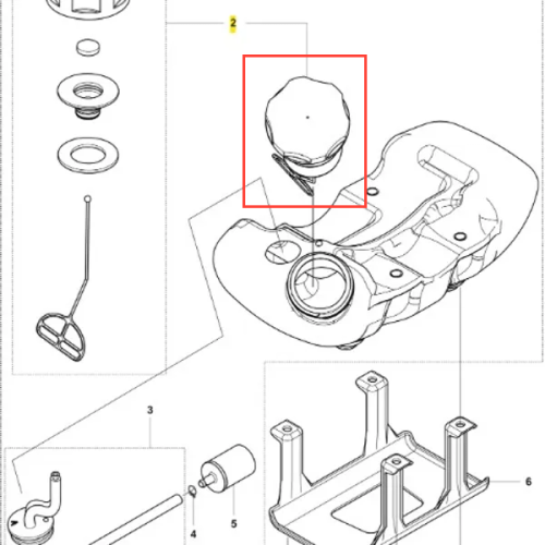 Zakrętka wykaszarki Husqvarna 236 RS, ciemnoszara, okrągła z wypustkami, zamocowana na górze. Widok z góry pokazuje detale mocowania i oznaczenia techniczne narzędzia ogrodowego.