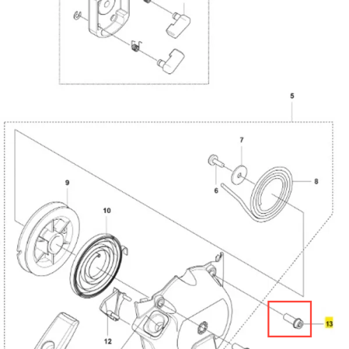 Śruba wykaszarki 236 RS Husqvarna, metalowa, srebrna, o cylindrycznym kształcie, z wyraźnym gwintem. Ujęcie z boku, na białym tle. Widoczna zogniskowana końcówka, idealna do montażu w sprzęcie ogrodowym.