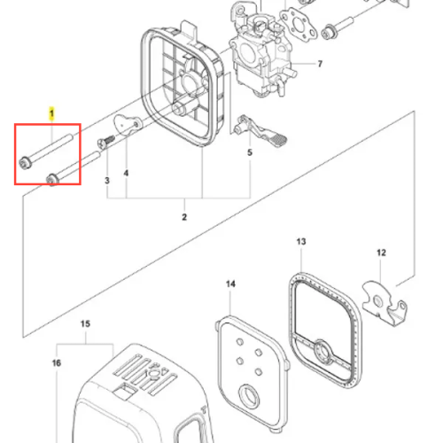 Śruba wykaszarki 236 RS Husqvarna, metalowa, w kolorze srebrnym, z widocznymi gwintami oraz główką o kształcie sześciokątnym. Ujęcie z boku, z leżącą śrubą na jasnym tle, ukazujące detale konstrukcyjne oraz wielkość.