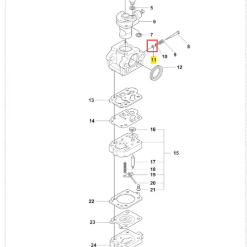 O-ring do wykaszarki 236 RS Husqvarna, czarny, gumowy pierścień uszczelniający o okrągłym kształcie, widoczny na schemacie i oznaczony prostokątem, stosowany w mechanizmach zapobiegających wyciekom.