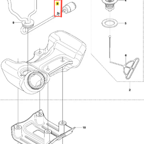 Zacisk wykaszarki 243 RJ Husqvarna w kolorze szarym, wykonany z materiałów metalowych. Produkt pokazany z boku w detalicznym ujęciu, ukazującym złącza montażowe i otwór centralny. Widoczne oznaczenia numerowe części. Tło proste, białe.