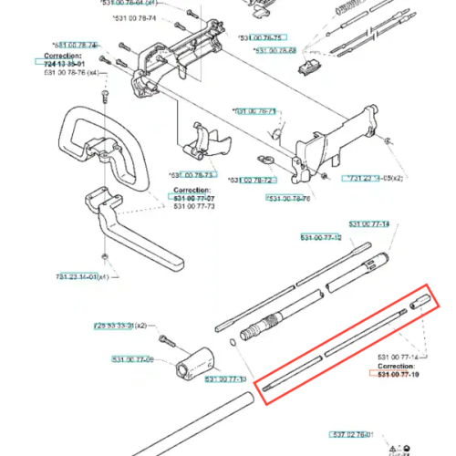 Trzonek wykaszarki 152 RB Husqvarna w kolorze stalowym, prostokątnym kształcie z wyraźnie widocznymi gwintami. Ujęcie z boku, złożony na białym tle, pokazujący końcówkę montażową. Brak dodatkowych akcesoriów lub etykiet.