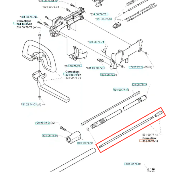 Trzonek wykaszarki 152 RB Husqvarna w kolorze stalowym, prostokątnym kształcie z wyraźnie widocznymi gwintami. Ujęcie z boku, złożony na białym tle, pokazujący końcówkę montażową. Brak dodatkowych akcesoriów lub etykiet.