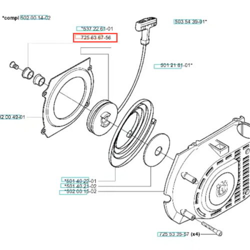 Śruba wykaszarki do modelu 265 RX Husqvarna, metalowa, z gwintem i z otworem montażowym. Ujęcie pokazuje widok z boku na elementy, w tym pierścień i podkładkę. Widoczne numery części oraz producent na grafice montażowej.
