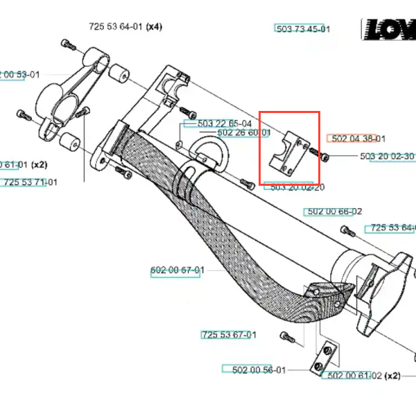 Wspornik uchwytu wykaszarki 265 RX Husqvarna, widoczny z boku, w formie metalowego elementu o prostokątnej podstawie i wygiętym kształcie. Oznaczenia i numery części umieszczone na schemacie, tło techniczne, ułatwiające identyfikację.