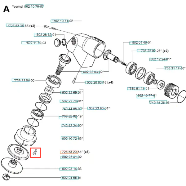 Śruba wykaszarki 265 RX Husqvarna. Metalowy element w kształcie cylindrycznym, srebrny z gwintem. Widok frontalny, leżący na tle technicznego schematu montażowego. Długość około 25 mm, z wyraźnym oznaczeniem.