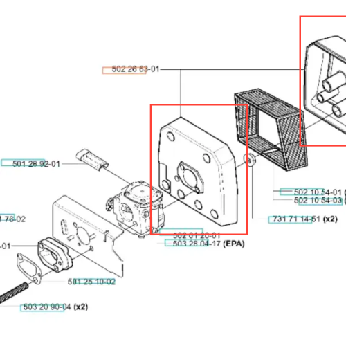 Rysunek techniczny zestawu części do wykaszarki Husqvarna 265 RX z korpusem silnika, filtrami powietrza i elementami mocującymi w szaro-czarnych kolorach na białym tle, składający się z kilku modułów.