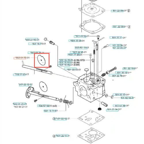 Zawór wykaszarki 265 RX Husqvarna, w kształcie owalnym, wykonany z metalu, widoczny z boku. Posiada wyraźne otwory montażowe. Element otoczony etykietami z oznaczeniami części. Tło proste, biały kolor, co podkreśla detale produktu.