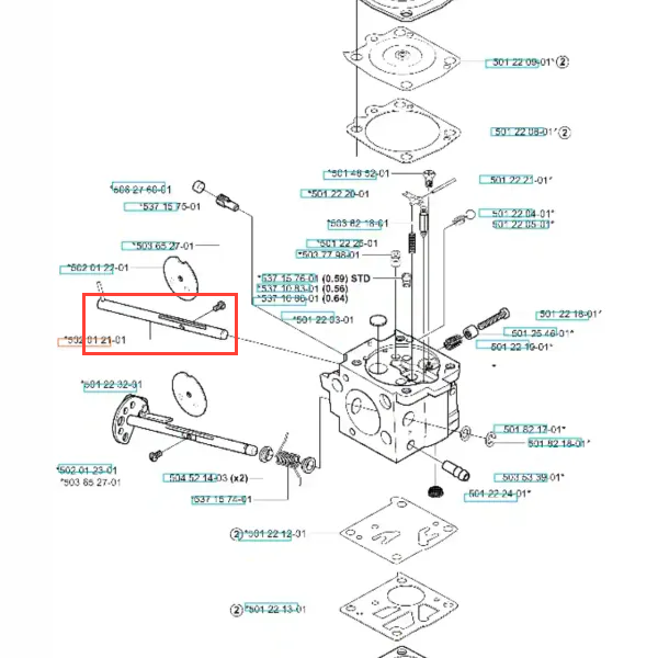 Wałek przepustnicy do wykaszarki Husqvarna 265 RX, metalowy, prostokątny kształt, widoczny w detalach złącz i mocowania. Ujęcie pokazuje wałek w orientacji poziomej, z opisem części i numerem identyfikacyjnym na tle schematu.