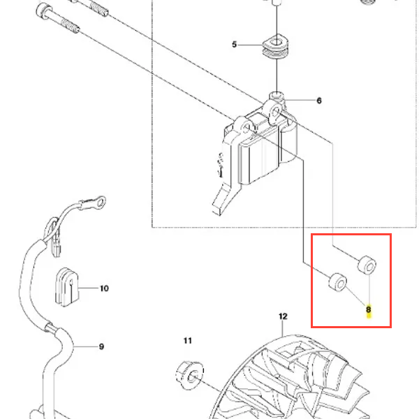 Element odległościowy wykaszarki 243 RJ Husqvarna, widoczny w schemacie, o cylindrycznym kształcie, w kolorze metalicznym. Zgłoszony z boku jako część zestawu montażowego, ukazuje mocowanie pośrednie. Zamek widoczny na górze.