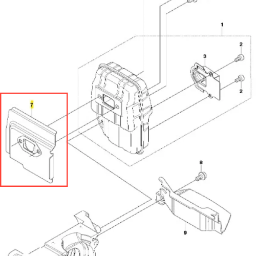 Uszczelka wykaszarki Husqvarna 243 RJ, czarna, prostokątna, elastyczna, z widocznym wzorem uszczelniającym, zamontowana w osłonie. Zdjęcie frontalne, zbliżenie na detal, na jednolitym tle.