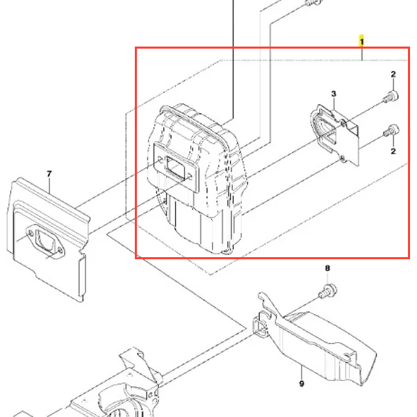 Tłumik wykaszarki Husqvarna 243 RJ, prezentowany z boku w pozycji stojącej. Część wykonana z metalu, z widocznymi detalami montażowymi. Kolor czarny, z logo Husqvarna na obudowie. Idealny do zastosowań w ogrodnictwie.