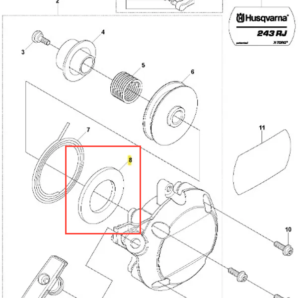 Koło pasowe wykaszarki 243 RJ Husqvarna w formie okrągłej, metalowe, w kolorze srebrnym. Ujęcie z boku, ukazujące detale wykończenia oraz otwory montażowe. Tło białe, proste, co podkreśla produkt. Widoczne logo Husqvarna na górze.