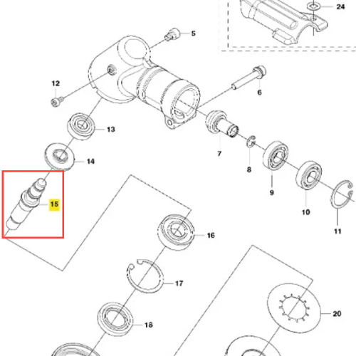 Trzonek wykaszarki 243 RJ Husqvarna w kolorze ciemnoszarym, z metalowym mocowaniem, zbliżony kąt widzenia. Produkt leży na białym tle, z widocznymi elementami montażowymi i oznaczeniami. Zastosowanie w narzędziach ogrodniczych.