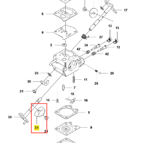 Zawór wykaszarki 243 RJ Husqvarna, szary metalowy prostokątny element ułożony poziomo, zbliżenie na detale i numerację, na białym tle z widocznym schematem montażowym.