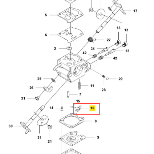 Metalowa, prostokątna dźwignia wykaszarki 243 RJ Husqvarna, z oznaczeniem 16 na żółtym tle, widoczna z boku na neutralnym tle, pokazująca szczegóły mechanizmu bez akcesoriów.
