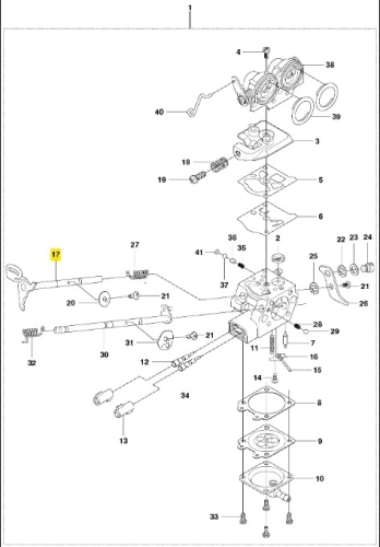 Zespół wału wykaszarki Husqvarna 243 RJ w kolorze metalicznym, pokazany w widoku z przodu. Elementy mechaniczne, w tym rączka, mocowania i śruby, są dobrze widoczne. Prosty, biały background podkreśla szczegóły konstrukcji.