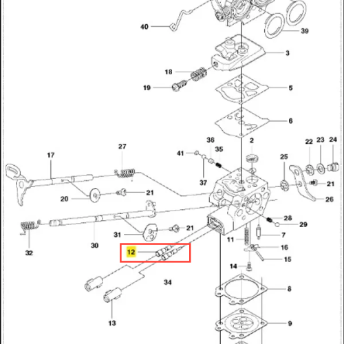 Igła wykaszarki 243 RJ Husqvarna, metalowa, o długości około 12 cm, widoczna w zestawieniu z innymi elementami mechanicznymi. Ujęcie frontalne, igła w leżącej pozycji, na białym tle z wyraźnie zaznaczonym numerem części.
