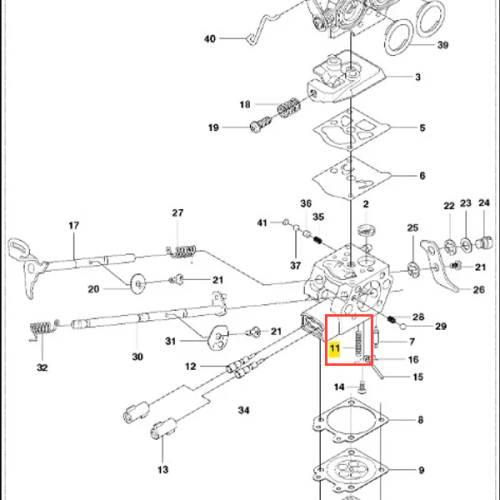 Metalowa sprężyna wykaszarki Husqvarna 243 RJ o cylindrycznym kształcie z numerem 11, widoczna z boku wraz z detalami mocowania na jednolitym tle.