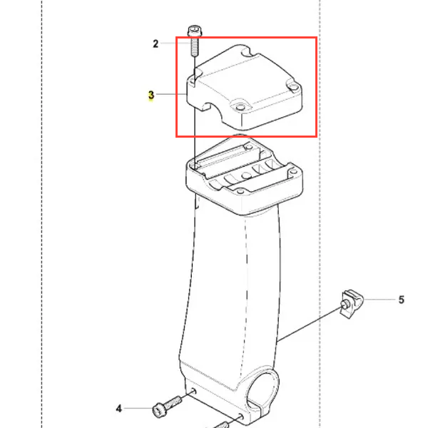 Wspornik uchwytu wykaszarki 241 RJ Husqvarna w kolorze czarnym, o prostokątnym kształcie z wyraźnymi otworami montażowymi. Ujęcie frontalne ukazuje detale mocowania oraz górną część z wypustkami. Produkt leży na gładkim tle.