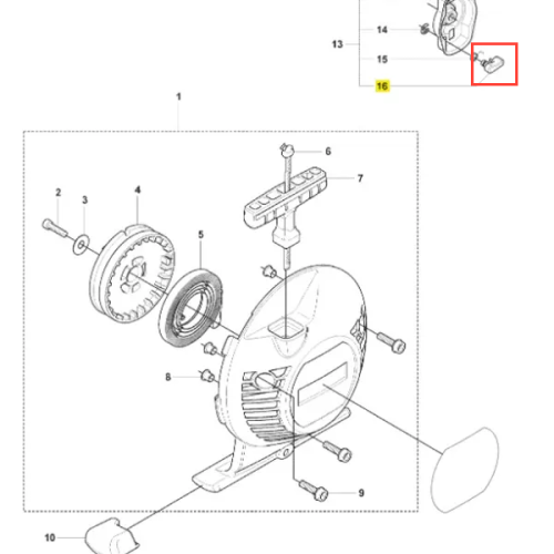 Zapadka rozrusznika wykaszarki 241 RJ Husqvarna w kolorze srebrnym, wykonana z metalu, w kształcie owalnym. Widoczna z boku, ze szczegółami mocowania. Ujęcie techniczne z wyraźnymi numerami części. Produkt nowy, bez dodatkowych akcesoriów.