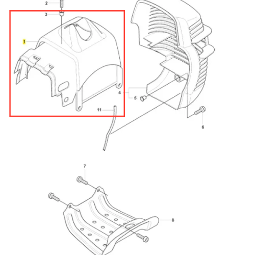 Pokrywa cylindra wykaszarki Husqvarna 241 RJ w kolorze czarnym, z zaokrąglonym kształtem i gładką powierzchnią. Ujęcie frontalne, produkt leży poziomo. Widoczne mocowania oraz otwory wentylacyjne. Elementy montażowe w komplecie.