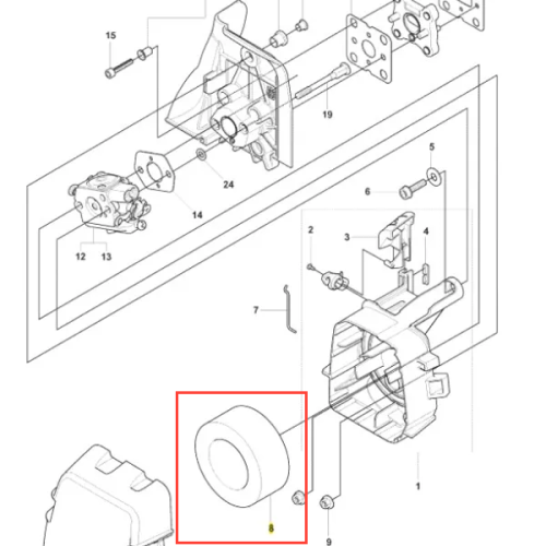 Filtr powietrza do wykaszarki 241 RJ Husqvarna, okrągły, w kolorze białym, z centralnym otworem. Produkt przedstawiony w zbliżeniu, na jasnym tle, co podkreśla jego kształt i szczegóły konstrukcyjne.