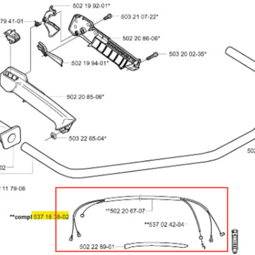 Zestaw instalacji elektrycznej do wykaszarki Husqvarna 252 RX, w skład którego wchodzą przewody i złączki. Elementy w kolorze czarnym i szarym, ułożone w formie schematu na białym tle. Widoczne numery katalogowe.