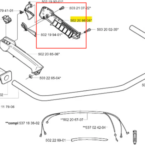 Połowa uchwytu wykaszarki 252 RX Husqvarna w kolorze czarnym. Produkt widoczny z boku, leżący na białym tle. Widać dwa mocowania oraz logo Husqvarna. Uchwyt ma prosty, cylindryczny kształt, odpowiedni do montażu w narzędziu ogrodowym.