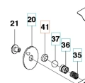 Korek wykaszarki Husqvarna 253RJ, okrągły, syntetyczny z otworem centralnym. Widok z boku pokazuje detale mocowania i kształtu. W zestawie dodatkowe elementy montażowe różnych rozmiarów.
