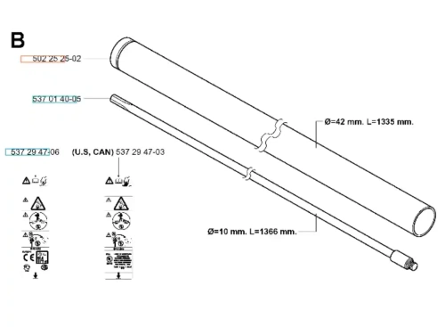 Rurka z wykaszarki Husqvarna 265 RX, 1335 mm dł., 42 mm śr., widoczna z góry na tle, z oznaczeniami wymiarów i symbolami, metalowa, gładka, bez detali.