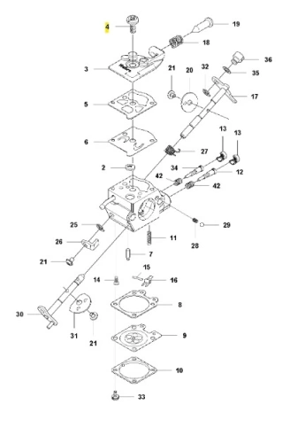 Śruba wykaszarki 243 RJ Husqvarna na schemacie, widoczna z boku, z oznaczeniem numeru 4. Element wykonany z metalu, z gwintem na całej długości, zastosowanie w sprzęcie ogrodowym. W tle detale innych podzespołów wykaszarki.