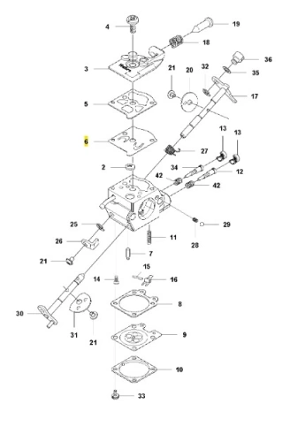 Diagram membranowych pomp wykaszarki 243 RJ Husqvarna z membranami, uszczelkami i mocowaniami, na prostym tle z numerami identyfikacyjnymi. Skupia się na detalach konstrukcyjnych i montażowych.