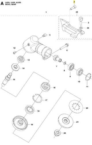 Śruba wykaszarki 243 RJ Husqvarna, metalowa, o cylindrycznym kształcie z gwintem. Widoczna w pozycji leżącej, prezentująca szczegóły gwintu oraz korpus. Tło jasne, co ułatwia dostrzeganie detali konstrukcyjnych.