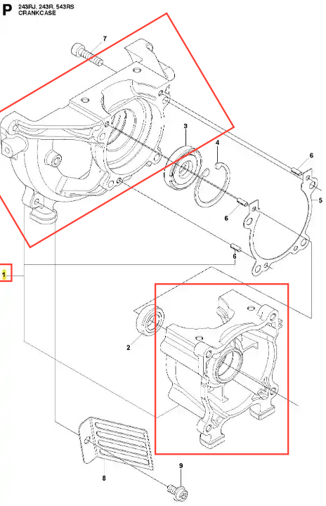 Obudowa wykaszarki 243 RJ Husqvarna w kolorze szarym, wykonana z materiału odpornego na warunki atmosferyczne. Produkt przedstawiony z boku, ukazujący detale mocowania oraz strukturalne elementy obudowy. Tło białe, co podkreśla jej kształt.