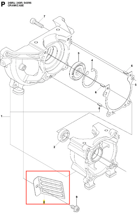 Osłona wykaszarki Husqvarna 243 RJ z widocznymi otworami wentylacyjnymi, koloru czarnego. Zbliżenie na kształt z prawej strony, pokazujący detale struktury i mocowania. Produkt leżący na tle białym, z widocznymi elementami montażowymi.