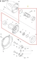 Obudowa kompletna wykaszarki 243 RJ Husqvarna, w kształcie cylindrycznym, wykonana z tworzywa sztucznego w kolorze czarnym. Widoczne komponenty wewnętrzne, w tym mechanizmy i pierścienie. Produkt przedstawiony w układzie z boku, na białym tle.