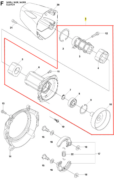 Obudowa kompletna wykaszarki 243 RJ Husqvarna, w kształcie cylindrycznym, wykonana z tworzywa sztucznego w kolorze czarnym. Widoczne komponenty wewnętrzne, w tym mechanizmy i pierścienie. Produkt przedstawiony w układzie z boku, na białym tle.
