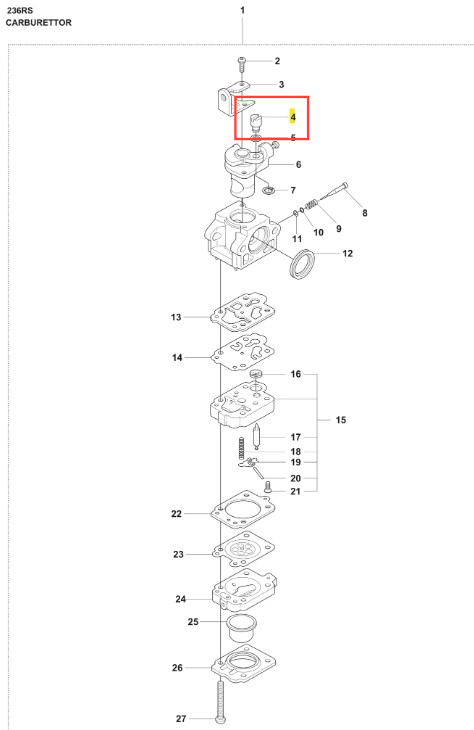 Sworzeń wykaszarki 236 RS Husqvarna, metalowy element o cylindrycznym kształcie, widoczny w układzie mechanicznym gaźnika. Zbliżenie na fragment z numerem 4, bez dodatkowych oznaczeń, w neutralnym otoczeniu schematu montażowego.