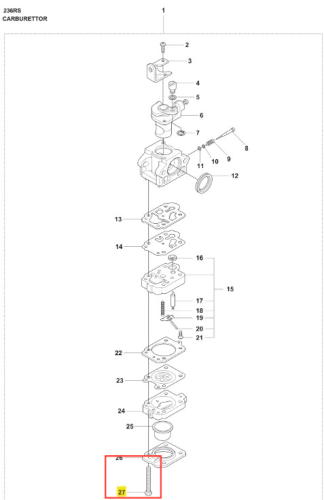 Śruba wykaszarki 236 RS Husqvarna, metalowa, prosta, z główką sześciokątną. Widoczna w ujęciu frontalnym, zaznaczona na schemacie dla klarowności. Wymiary i detale nie są określone, otoczenie to schemat mechanizmów.