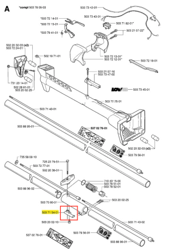 Płyta zabezpieczająca do wykaszarki 225 R Husqvarna, w kolorze czarnym, z wyraźnym oznaczeniem numeru części 503 71 54-01. Widok z boku, leżąca na jasnym tle, podkreślająca kształt i detale mocowania. Produkt nowy, bez widocznych uszkodzeń.