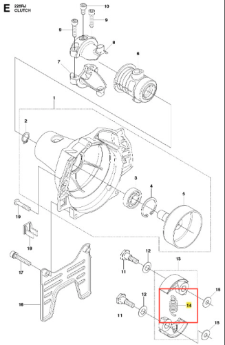 Sprężyna wykaszarki 226 RJ Husqvarna, srebrna, spiralna z wyraźnymi zwojami, widoczna na schemacie, przygotowana do montażu z innymi częściami.
