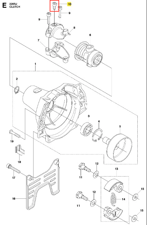 Śruba wykaszarki 226 RJ Husqvarna, brązowy metal, cylindryczna, widok z góry pod kątem, pokazujący gwint i główkę, centralny element montażowy urządzenia.