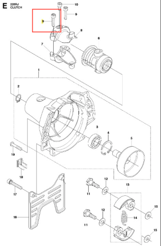 Śruba wykaszarki 226 RJ Husqvarna, metalowa, cylindryczna, z widocznym gwintem, umiejscowiona w zestawie części rozrysowanych w instrukcji. Na białym tle elementy montażowe sekcji sprzętu.