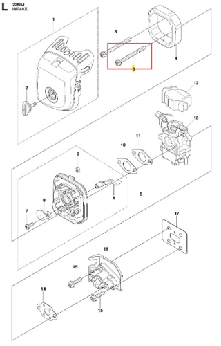 Śruba wykaszarki 226 RJ Husqvarna, metaliczna, lekko wydłużona z gwintowaną końcówką, pokazana poziomo na schemacie montażowym urządzenia ogrodowego z numerami części.