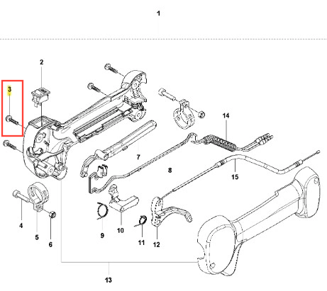 Śruba wykaszarki 226 RJ Husqvarna w kolorze metalicznym, o prostokątnym kształcie. Zbliżenie na detal, wyraźne gwintowanie. Element leżący na schemacie montażowym w otoczeniu innych części. Widoczne oznaczenie numerem 3.