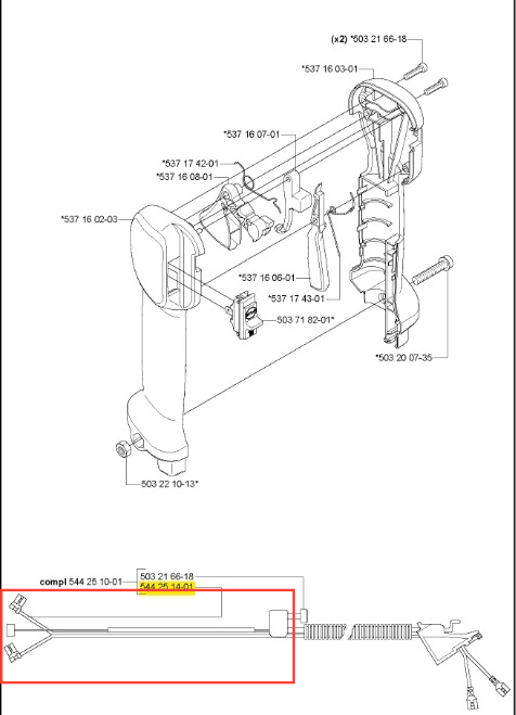 Przewód zwarciowy do Husqvarna 235 RII, elastyczny, teksturowany kabel z dwoma końcówkami, biały i czarny, widoczny z boku oraz na detalach mocowania, zapakowany na prostym tle.